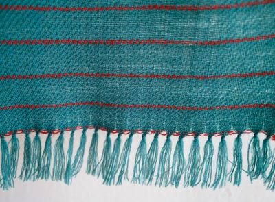 Handwoven Woollen Scarf- Red and Turquoise Colours From Indigo, Tesu Flowers and Madder