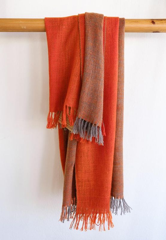 Handwoven Pure Pashmina Shawl- Certified, Colour Orange and Grey Natural Dye Harada and Tesu Flowers