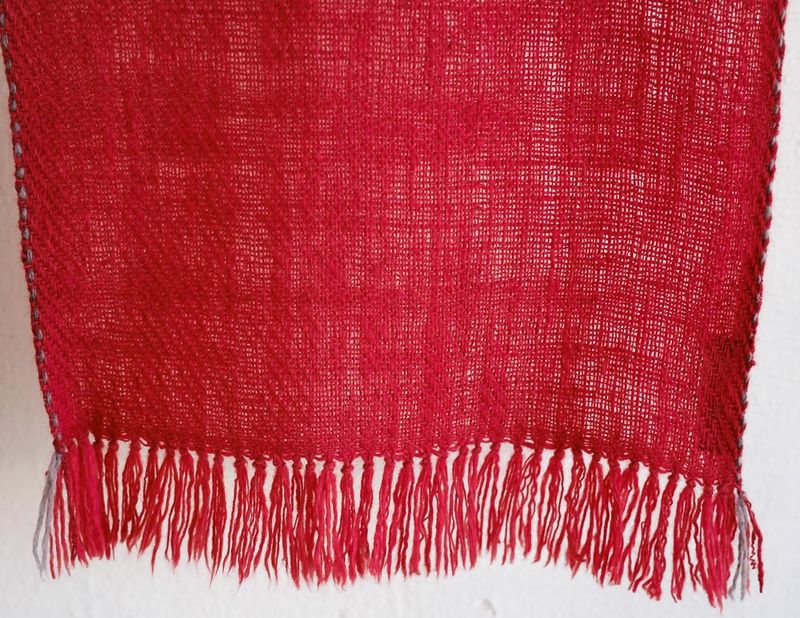 Handwoven Woollen Scarf Made With Handspun Yarn Red and Grey From Madder and Harada