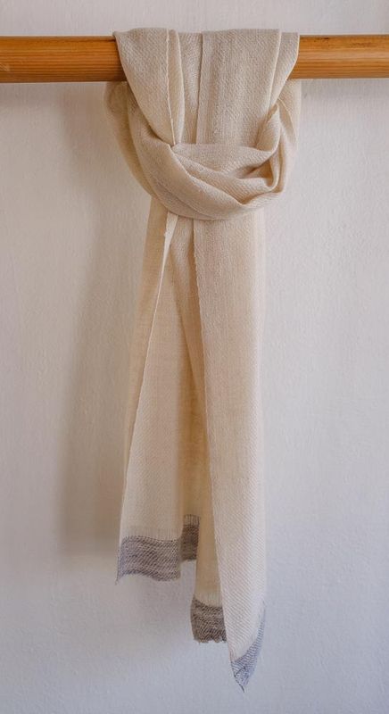 Handwoven Pashmina Scarf- Hand-Spun Yarn Dyed Beige and Grey With Natural Dyes Tea and Harada