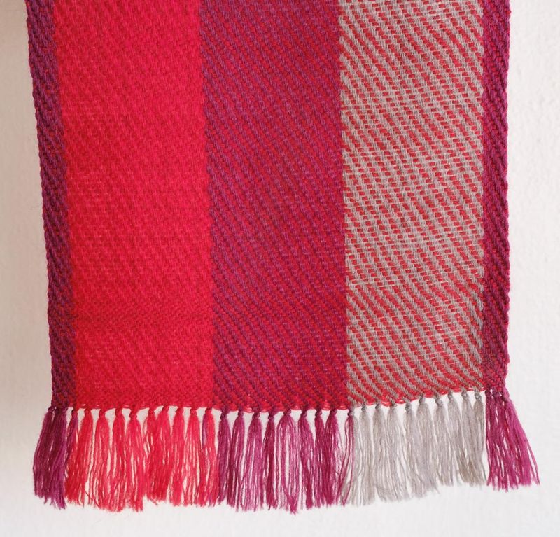 Small  Handwoven Wool Scarf Coloured Purple Red and Grey with Natural Dyes, Madder, Shellac and Harada