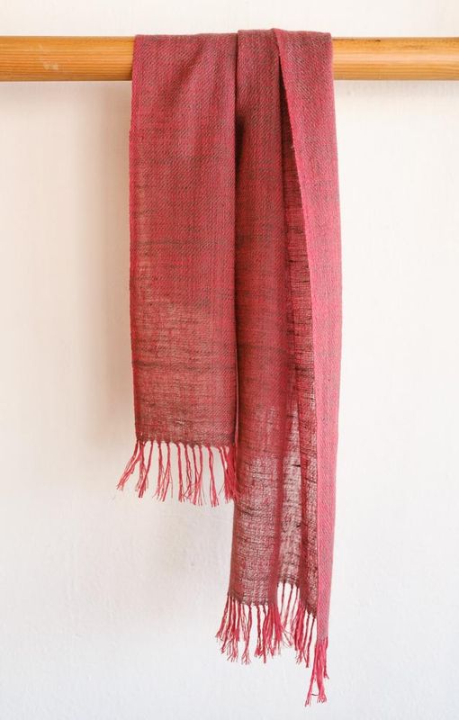 Handwoven Pashmina Scarf- Handspun Yarn Dyed Red and Grey With Natural Dyes Madder and Harada