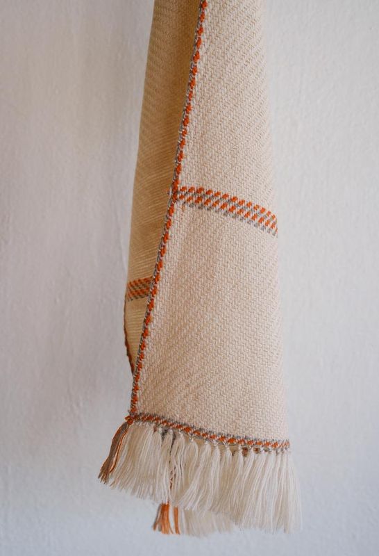 Small Handwoven Woollen Scarf -Beige and Orange Colours From Natural Dyes Tea and Harada