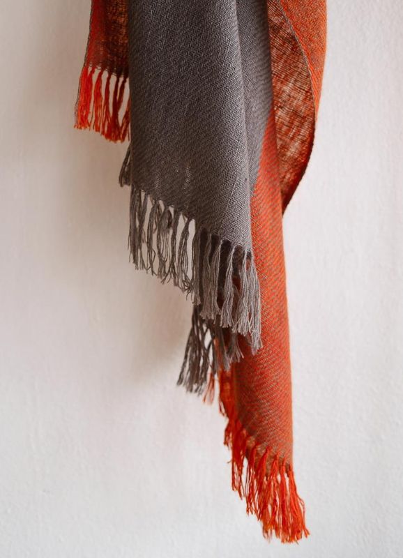 Handwoven Pure Pashmina Shawl- Certified, Dyed Orange With Natural Dye Tesu Flowers