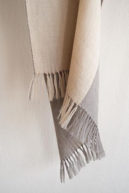 Alpaca Stole- Handwoven, Beige and Grey Natural Dyes Tea and Harada