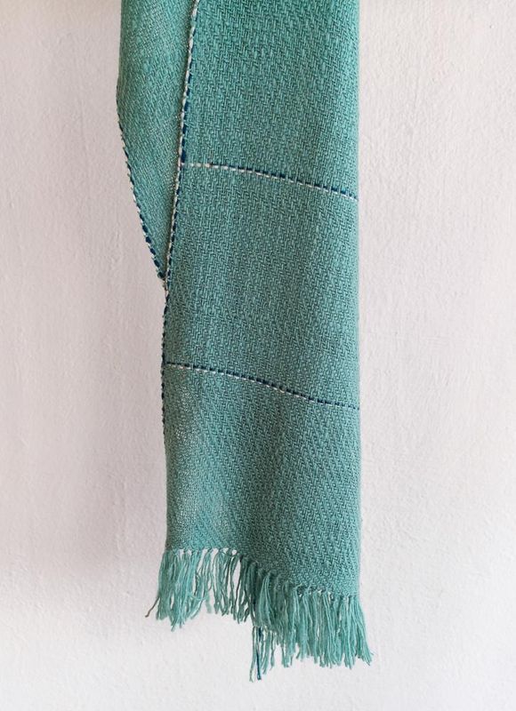 Very Soft Scarf Made With Handspun Fine Merino Wool-Green With Natural Indigo and Tesu Flowers