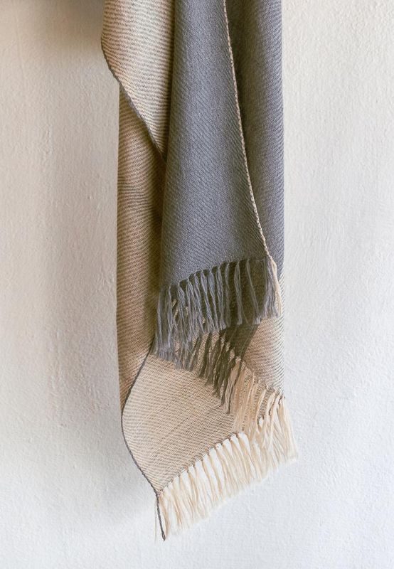 Small  Alpaca Stole- Handwoven- Beige and Grey With Tea and Harada