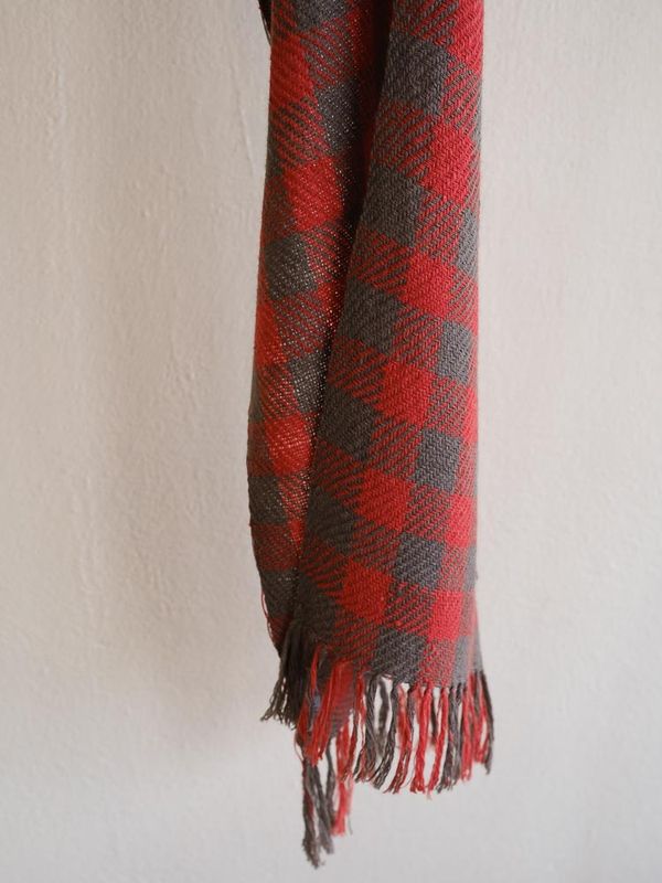 Handwoven Woollen Scarf-Red and Grey Check From Natural Dyes Madder and Harada