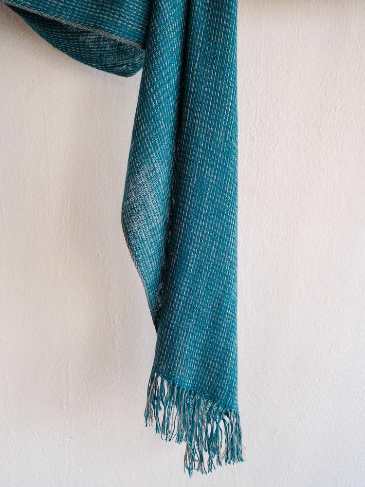 Handwoven Pashmina Scarf- Handspun Yarn Dyed Turquoise With Natural Dye Indigo and Tesu Flowers