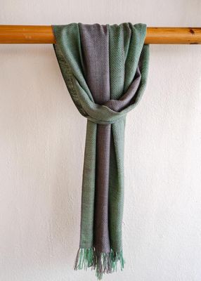 Handwoven Pashmina Scarf-Dyed Green and Grey with Natural Dyes Tesu Flowers, Indigo and Harada