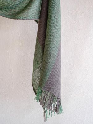Handwoven Pashmina Scarf-Dyed Green and Grey with Natural Dyes Tesu Flowers, Indigo and Harada