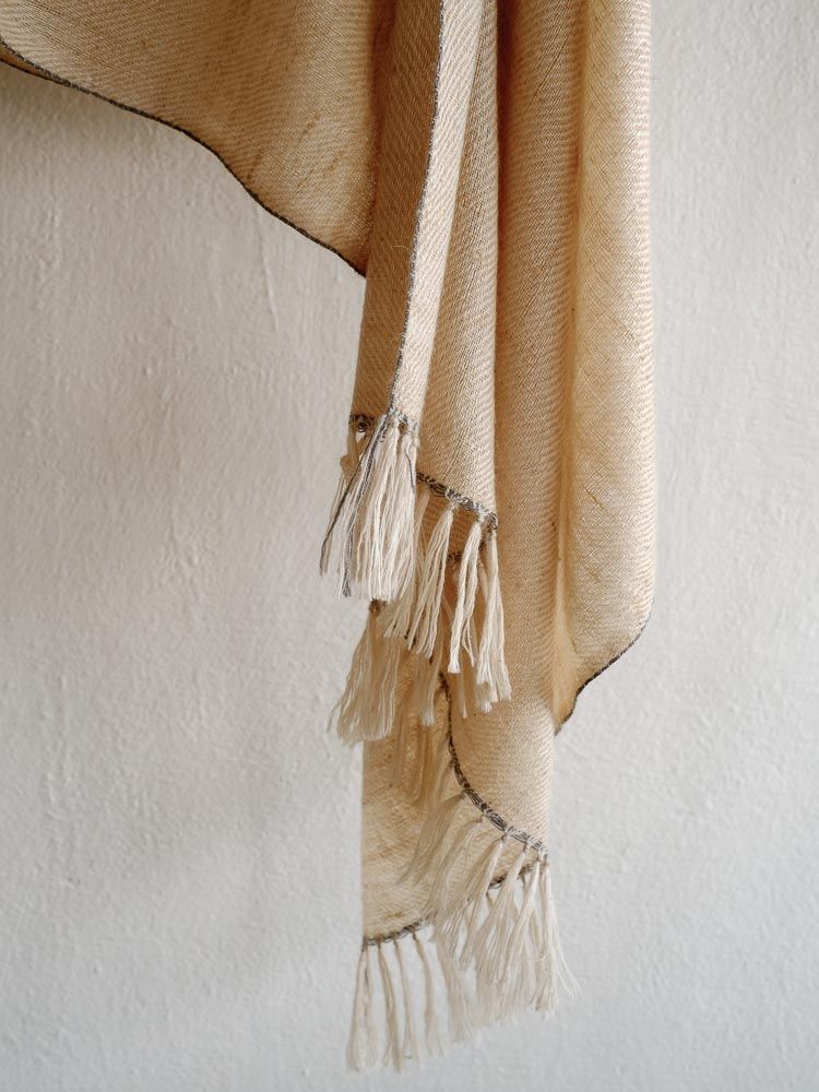 Small Handwoven Pashmina Stole- Handspun Yarn, Beige and Grey, Natural Dyes Tea and Harada