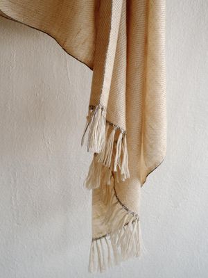 Small Handwoven Pashmina Stole- Handspun Yarn, Beige and Grey, Natural Dyes Tea and Harada