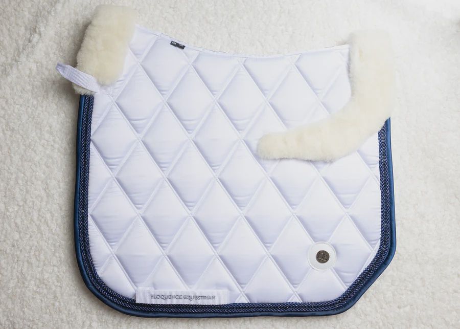 'The Princess' White Merino Top Fleece Navy Edge Saddle Pad