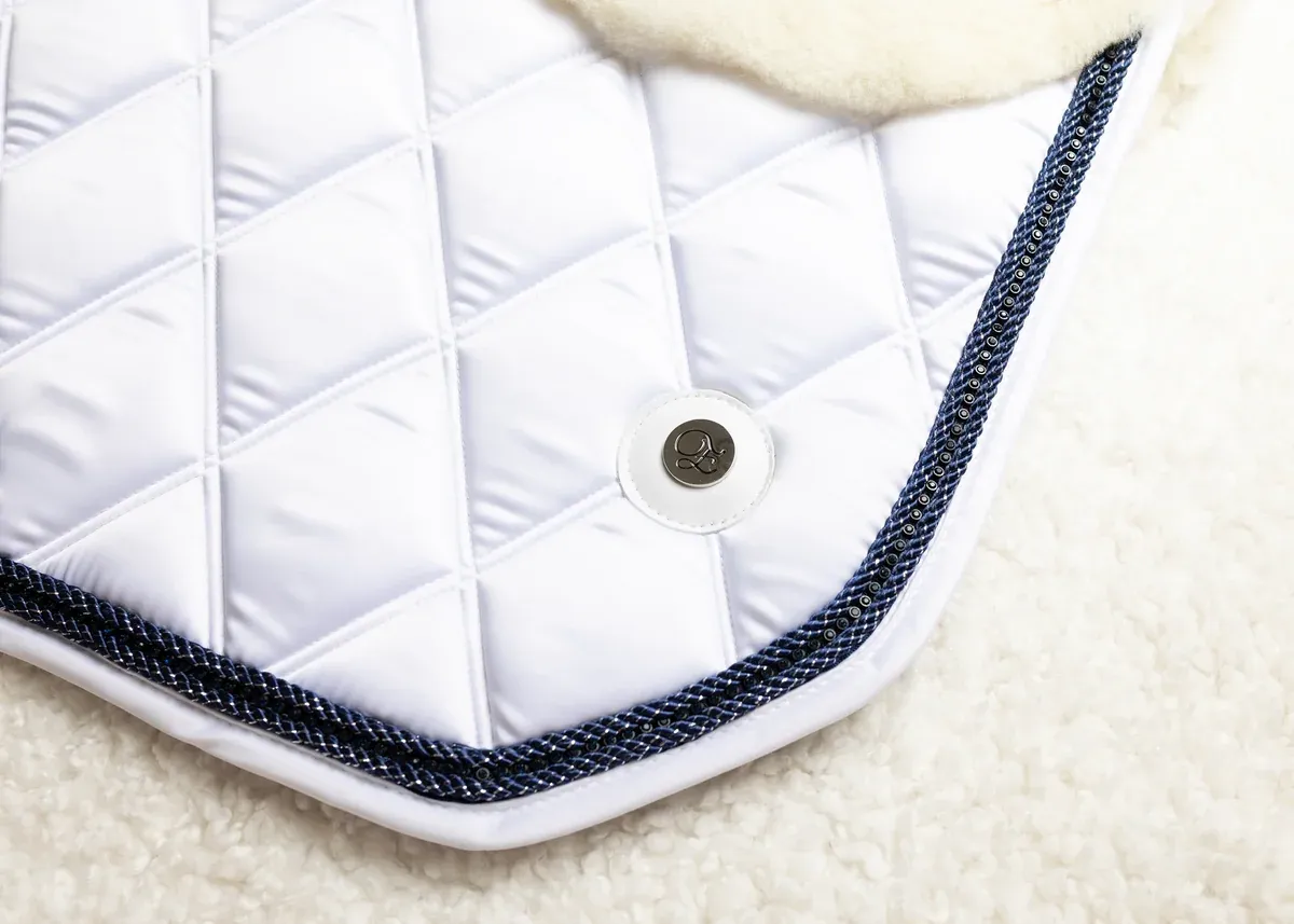 'The Queen' White Merino Full Fleece Navy Jewel Saddle Pad