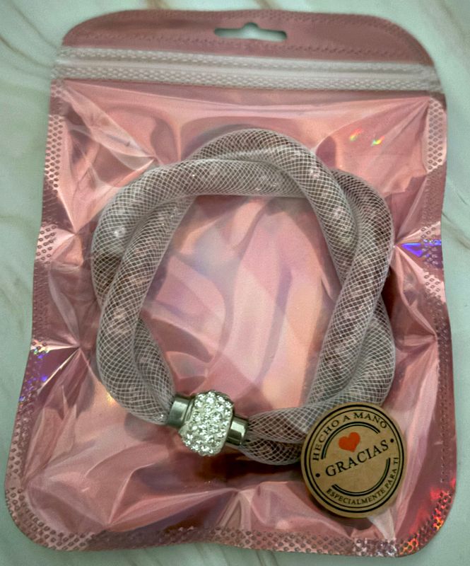 🌸 Pulsera Swarovski en red con circonitas – Rosa Clarito