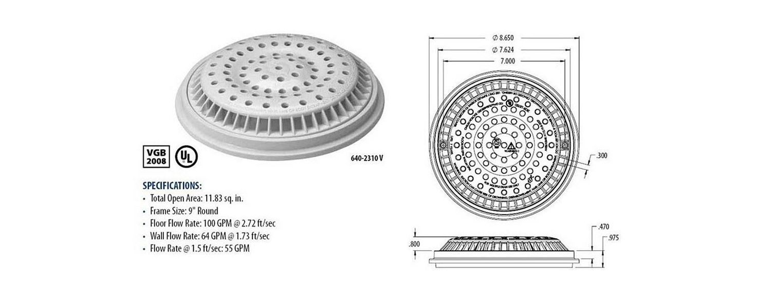 Main Drain 8 Main Drain 8" Anti-Vortex Cover+Frame