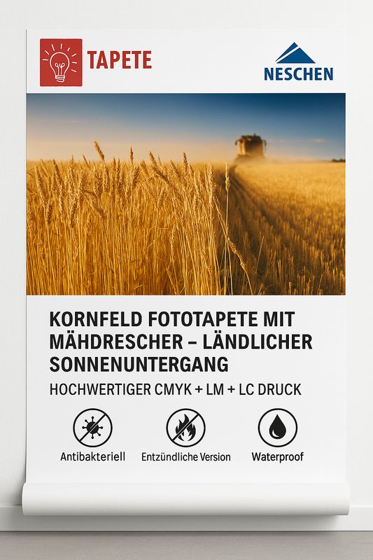 Kornfeld Fototapete mit Mähdrescher – ländlicher Sonnenuntergang