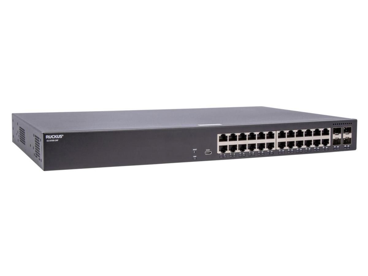 Ruckus  ICX 8100 Switch, 24x 10/100/1000 ports, 4 x 1G SFP uplink-ports, advanced layer 2, 370W PoE budget, power cord not included
