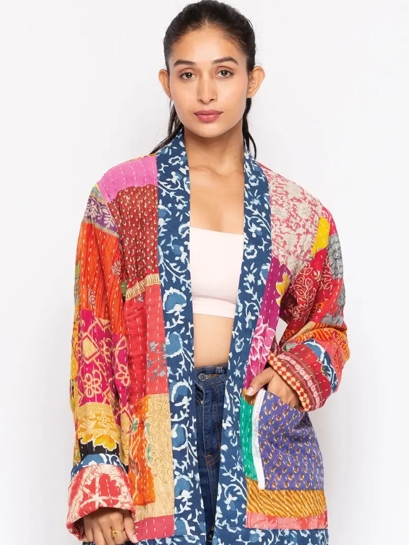 Kantha Patch Kimono with Blue Border