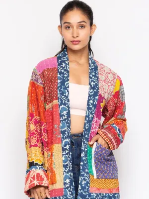 Kantha Patch Kimono with Blue Border