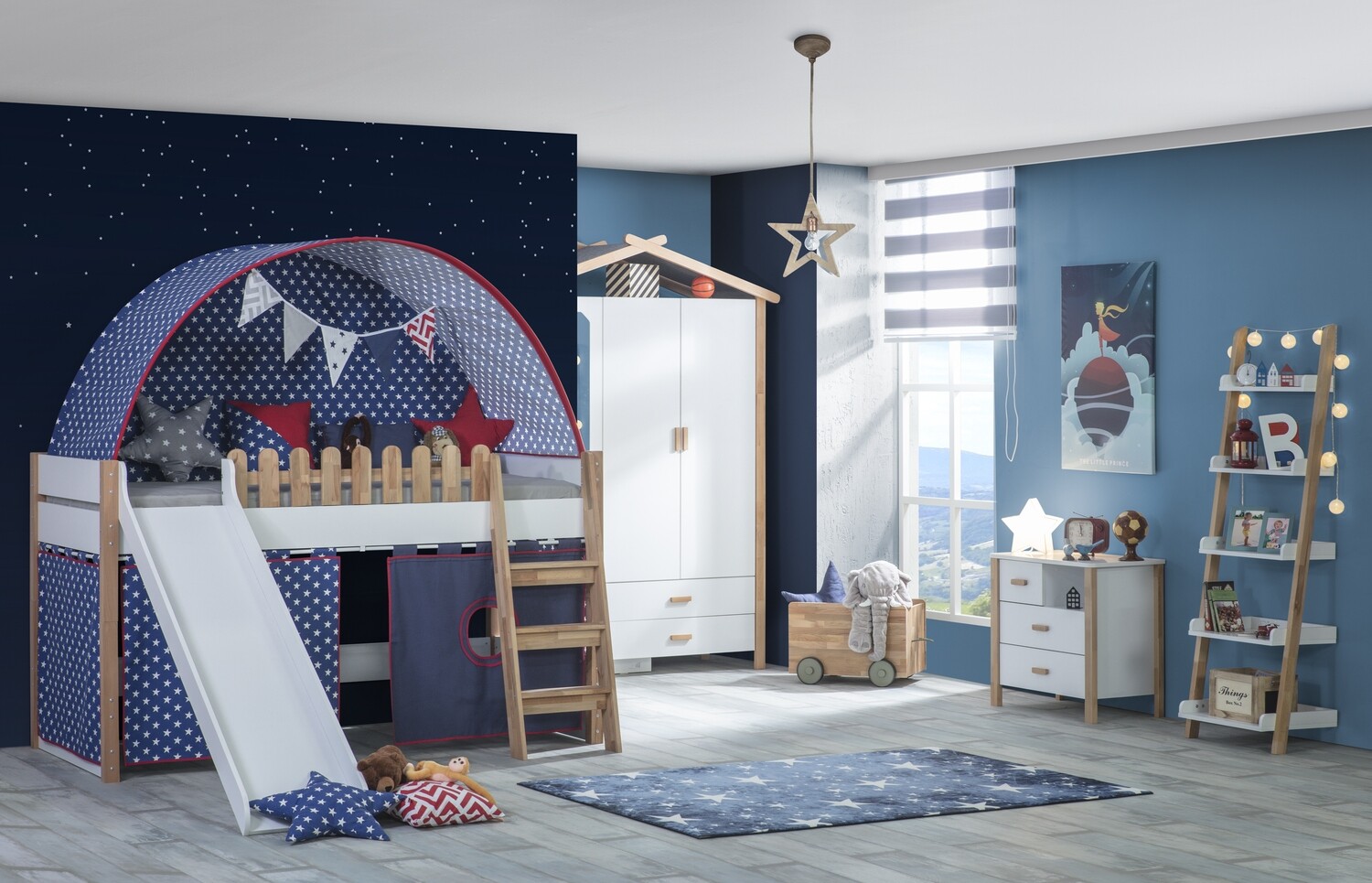 Sparkling Stars Loft Bed convertible Bunk Bed with Bow Tent, Curtain, Slide &amp; Ladder