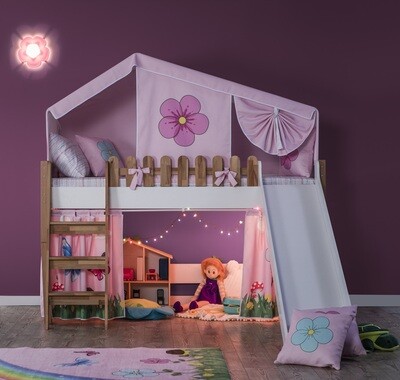 Pink Blossom Loft Bed convertible Bunk Bed with House Tent, Curtain, Slide & Ladder
