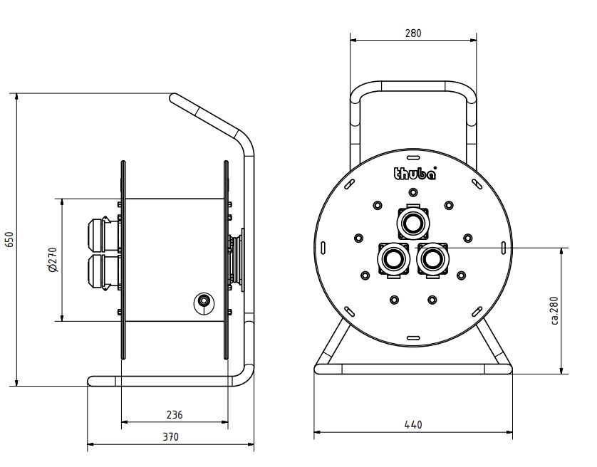 Cable reel CR27 with 1x flange socket 3-pole 16 A, 1x flange socket 5-pole 16 A, 1x plug 5-pole 16 A