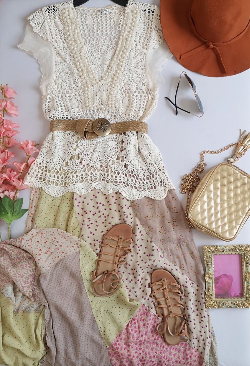 FALDA TIPO HIPPIE Y BLUSA DE CROCHET 💙