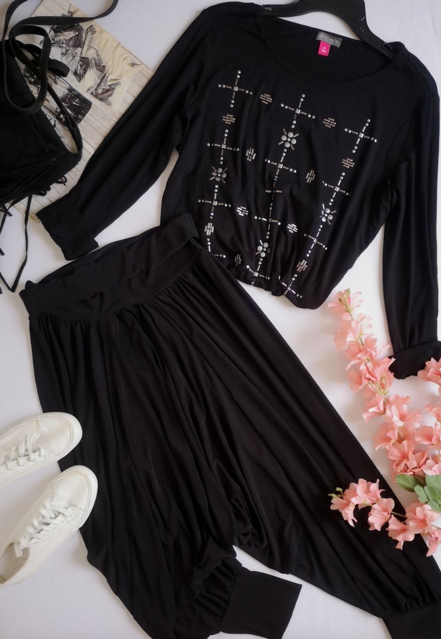 BLUSA MANGA LARGA CON PANTALÓN TIPO HIPPIE 