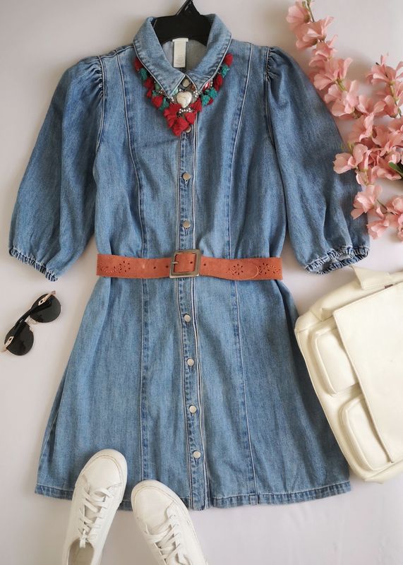 VESTIDO DE LONA MANGAS BOMBACHAS INCLUYE CINCHO