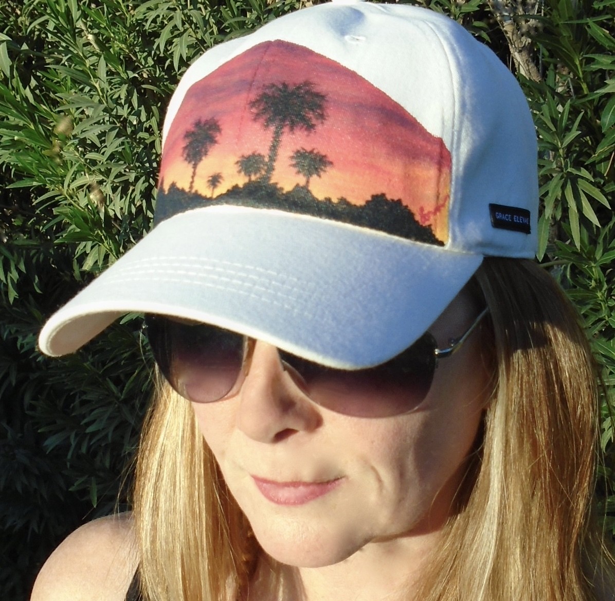 Hand-painted "Sunset Palms" Light Pink Ladies Baseball Hat (Not Shown)