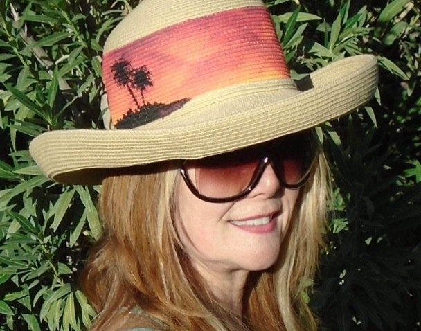 Hand-painted "Sunset Palms" Tan Kettle Brim Sun Hat