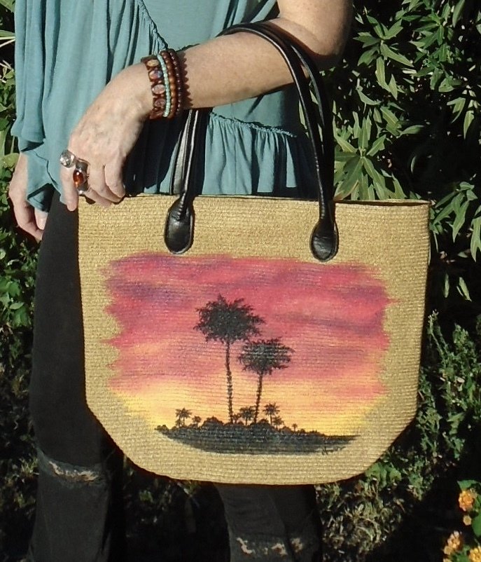 Hand-painted "Sunset Palms" 16" x 13" Handbag