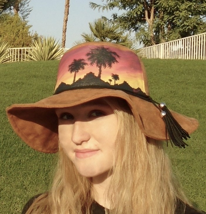 Hand-painted "Sunset Palms" Brown Hippy Brim Faux Suede Hat