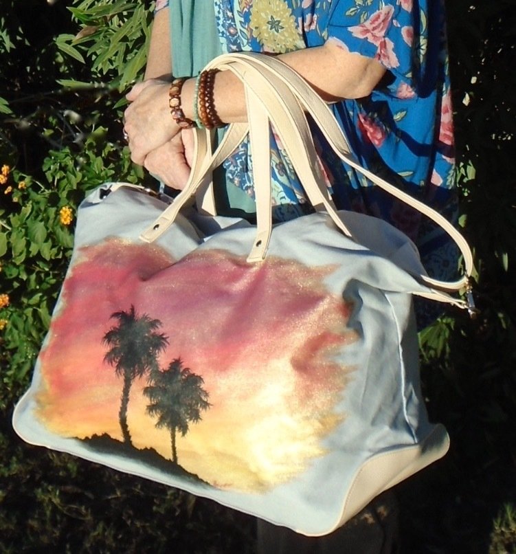 Hand-painted "Sunset Palms" Grey Overnight Bag 19"x13"x9.5"