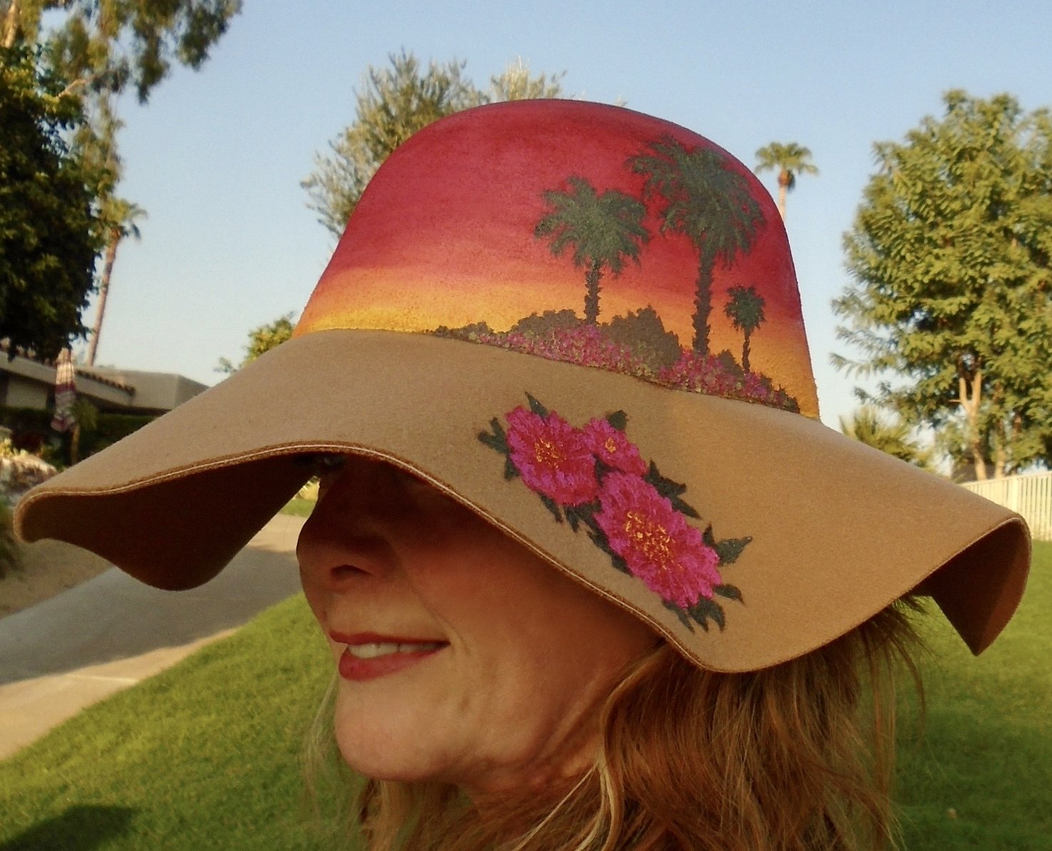 Hand-painted "Cactus Flowers & Palms", Camel 4" Floppy Brim Hat