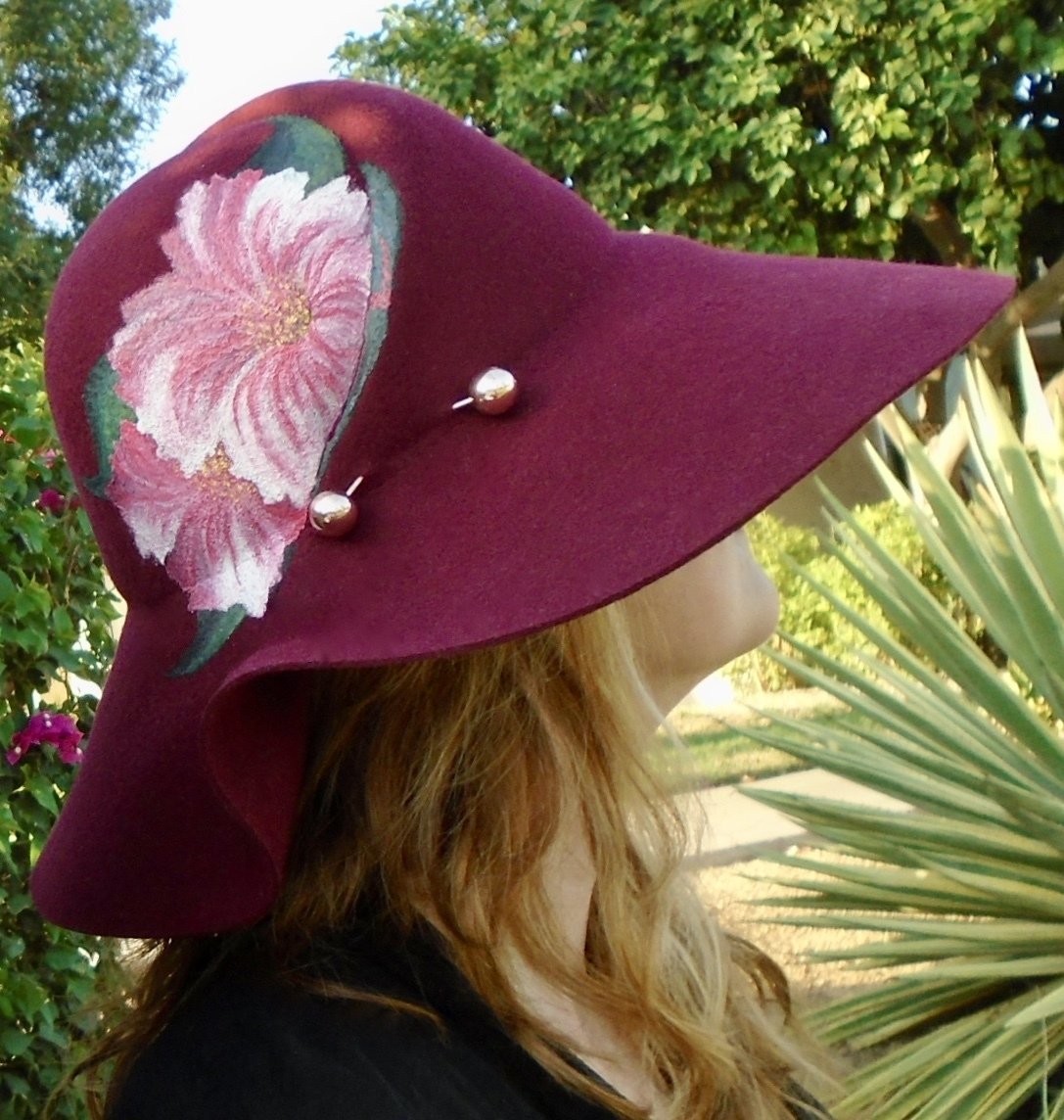 Hand-painted "Pink Hibiscus", Burgundy 3" Brim Wool Felt Hat