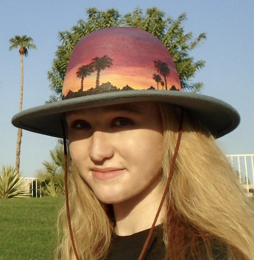 Hand-painted "Sunset Palms" Light Blue 3.5" Brim Wool Felt Hat