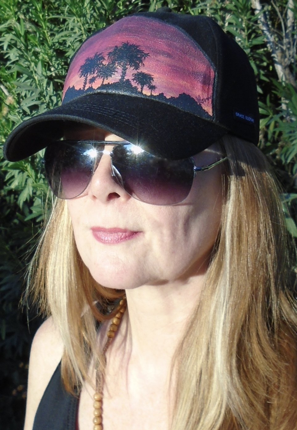 Hand-painted "Sunset Palms" Black Ladies Baseball Hat
