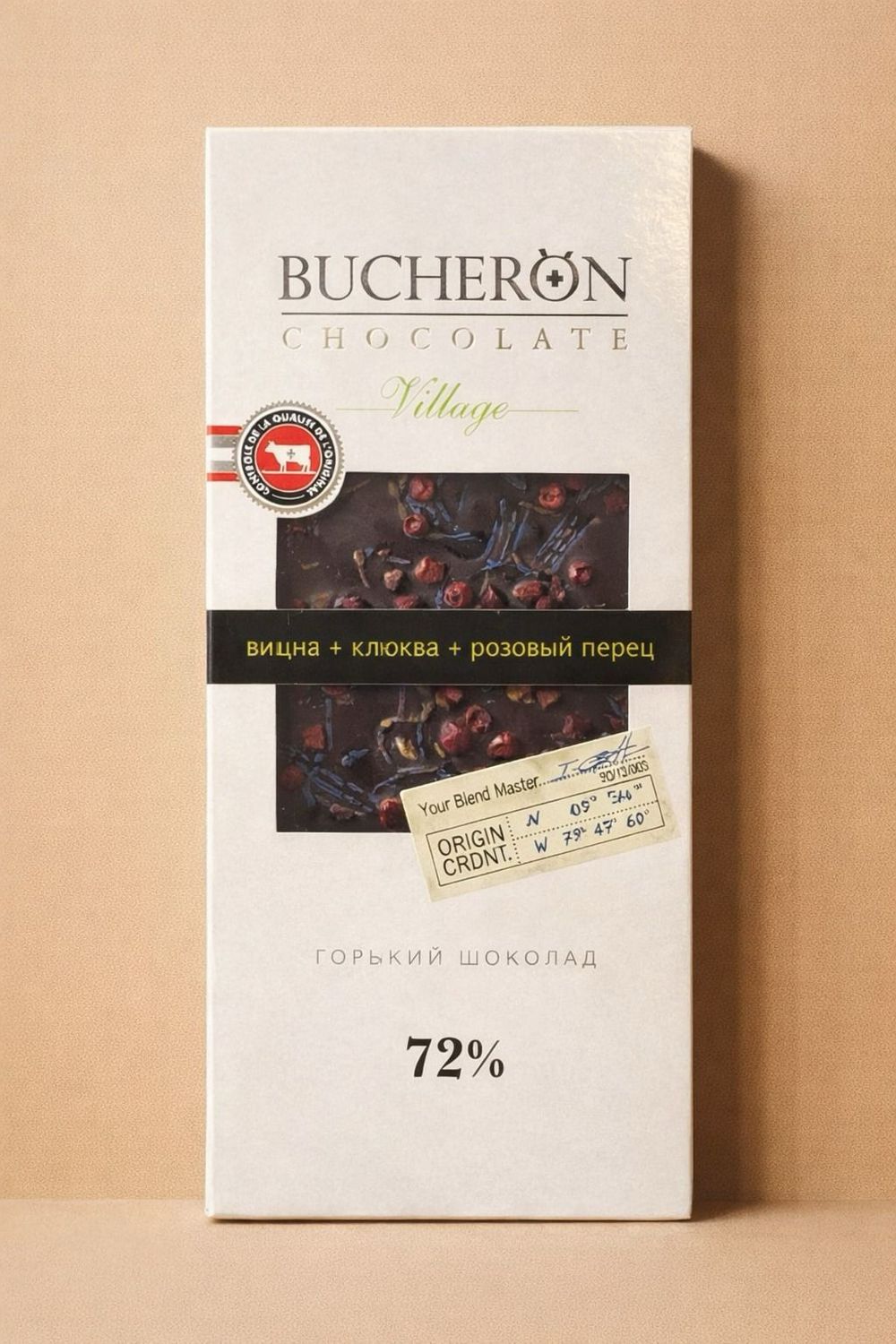 BUCHERON VILLAGE "PIQUANT" Dark chocolate with cherry flavor, cranberry, pink pepper and cornflower petals 100g