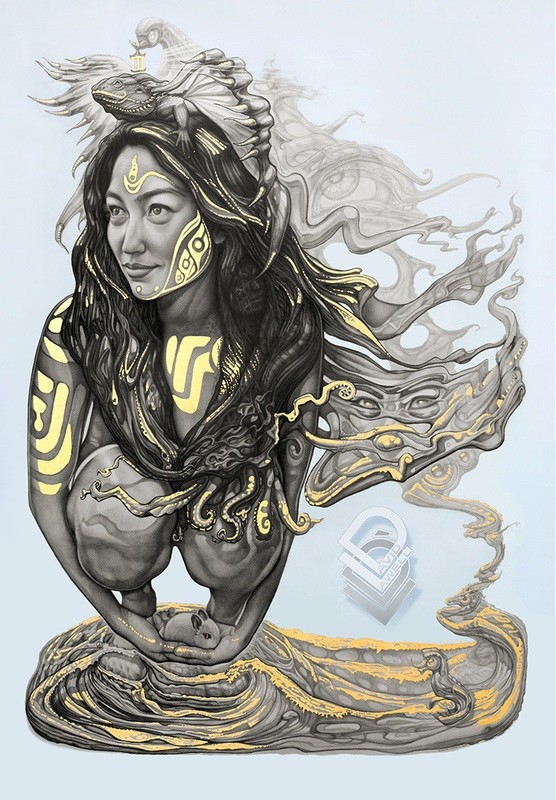 "PELE'S DREAM" -  RANGING SIZES PRINT ON ARCHIVAL PAPER, HANGING CANVAS OR METAL (Original - Graphite on archival paper with 18K gold leaf) by David Art Lawell