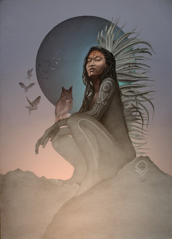 "OWL MEDICINE WOMAN" -  RANGING SIZES PRINT ON ARCHIVAL PAPER, HANGING CANVAS OR METAL (Original- Graphite on toned paper with 18K gold and silver leaf) by David Art Lawell