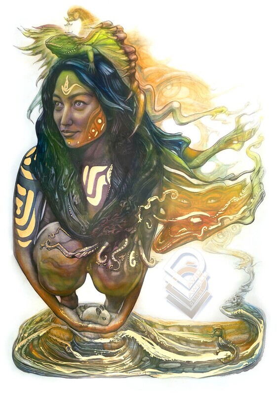 "PELE'S DREAM" (COLOR) -  RANGING SIZES PRINT ON ARCHIVAL PAPER, HANGING CANVAS OR METAL (Original - Oil on canvas with 18K gold leaf) by David Art Lawell