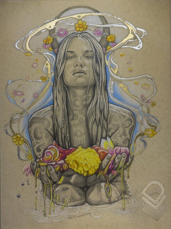 "RASA THE FLOWER GODDESS" -  RANGING SIZES PRINT ON ARCHIVAL PAPER, HANGING CANVAS OR METAL (Original-Graphite and colored pencil, 18K gold and silver leaf on toned paper) by David Art Lawell