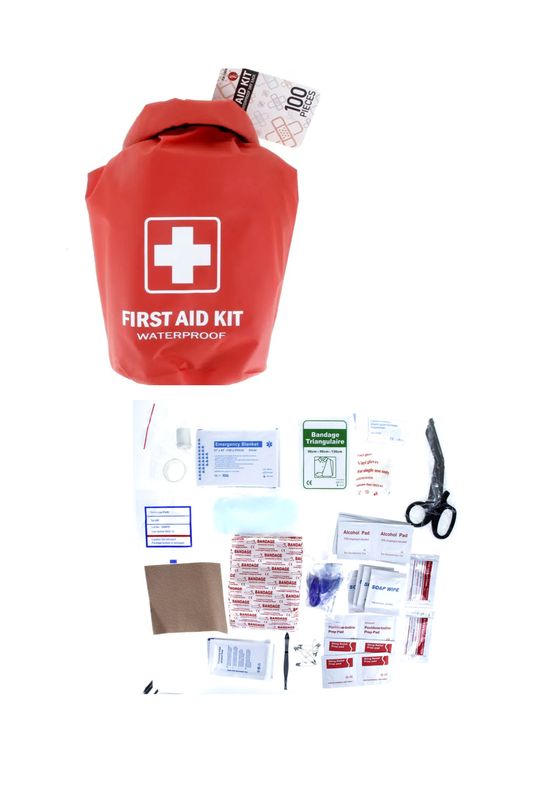 100Pc First Aid Kit Stored in A Waterproof Red Dry Sack