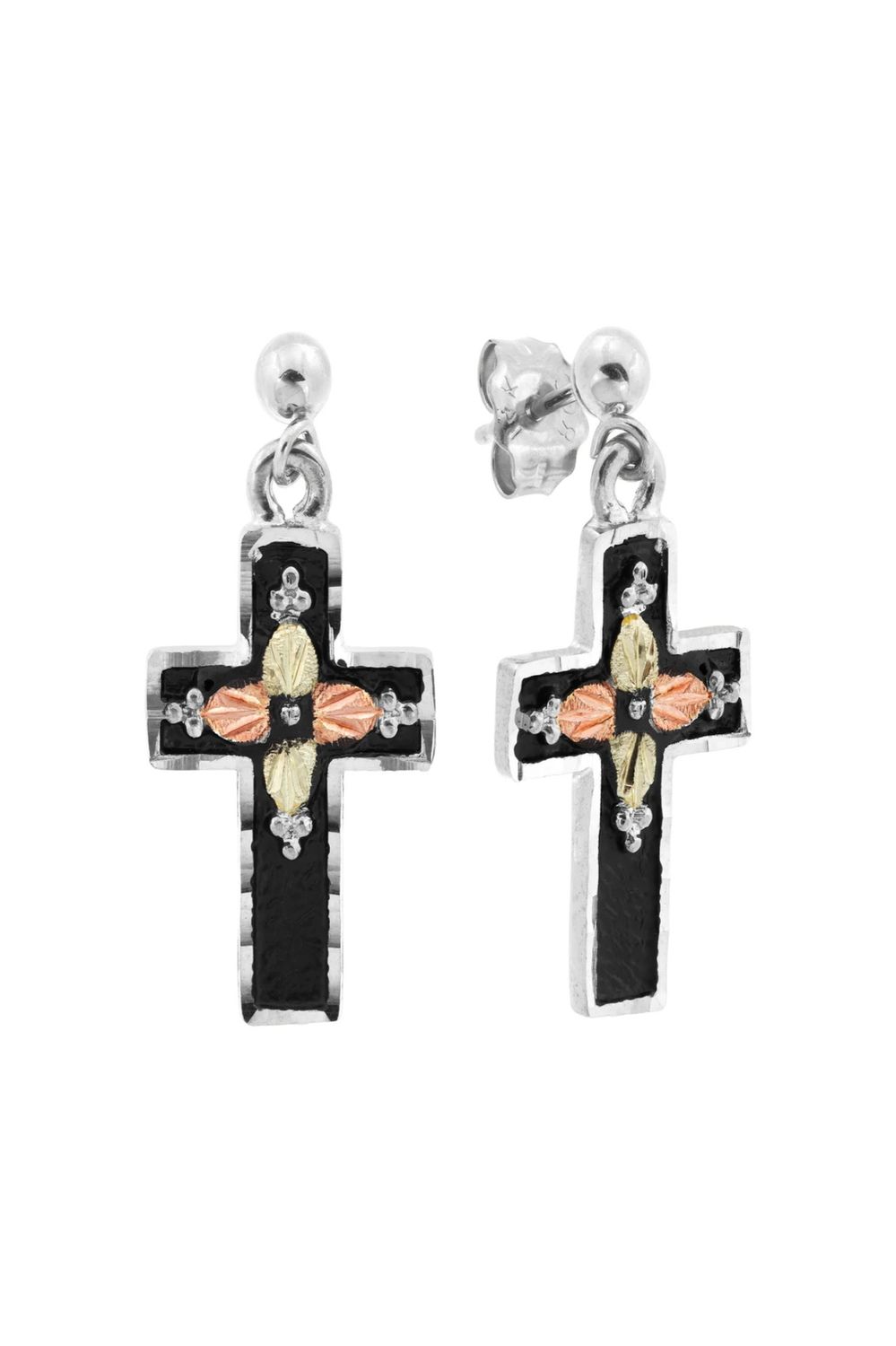 12k Gold on Oxidized Sterling Silver Cross Earrings