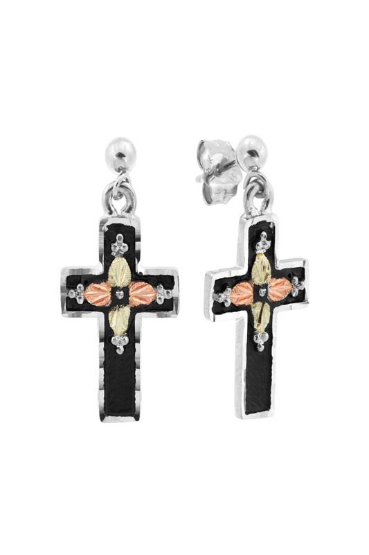 12k Gold on Oxidized Sterling Silver Cross Earrings
