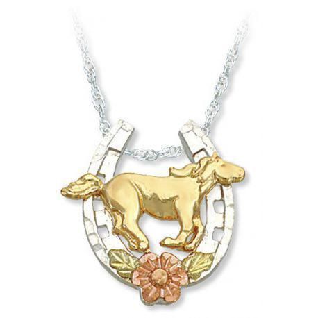 10K Gold Horse on Sterling Silver Horseshoe Pendant Necklace