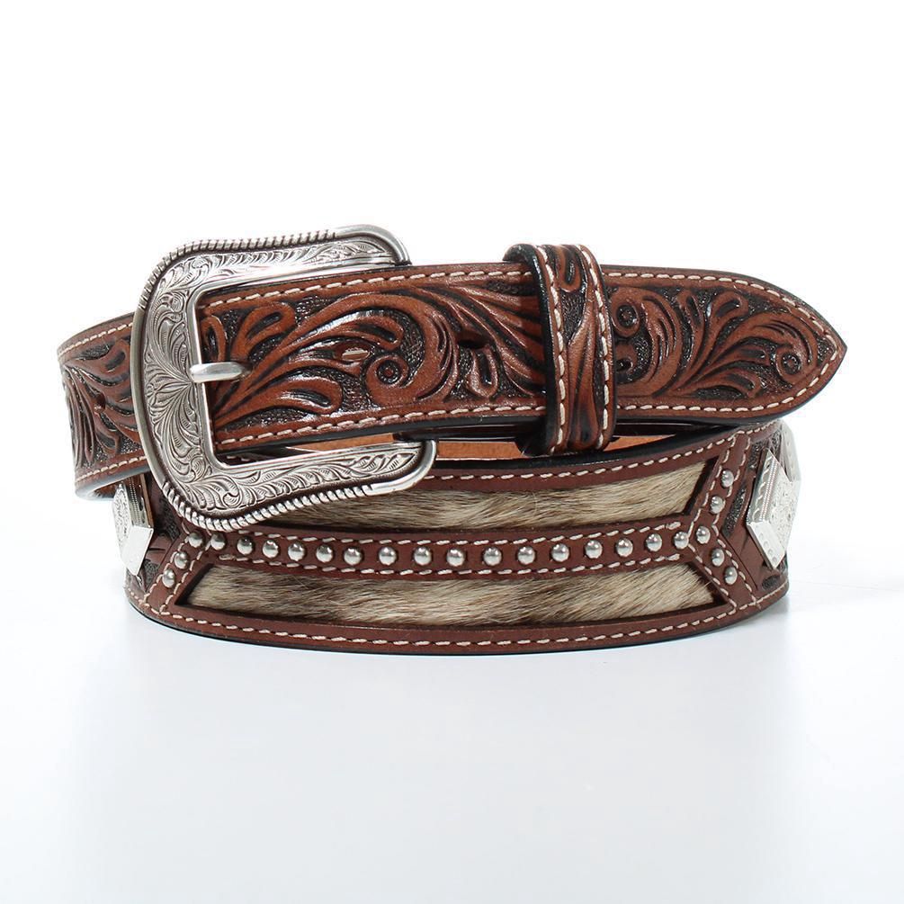 Mens Belt 1 1/2 Tooled Tab Calf Hair Brown